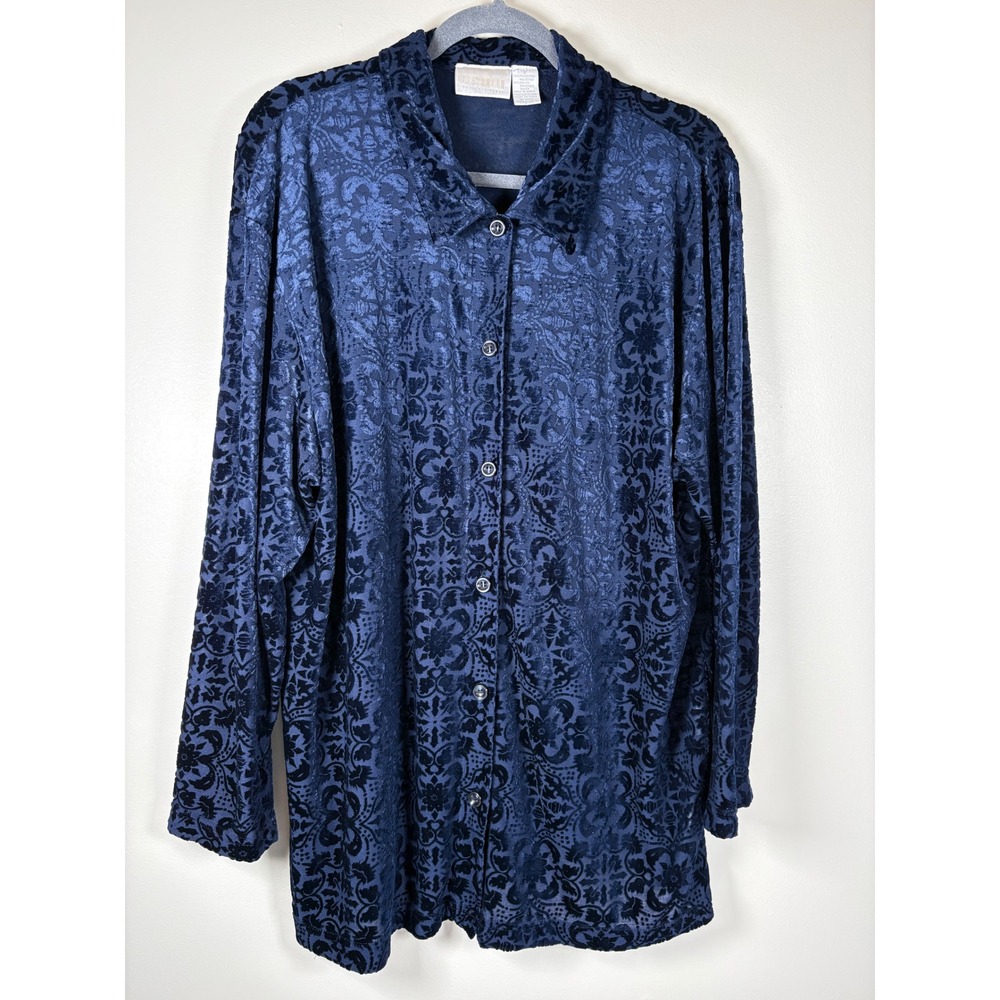 Elisabeth Liz Claiborne Navy Blue Burnout Velvet Damask Floral Button Up Shirt 2